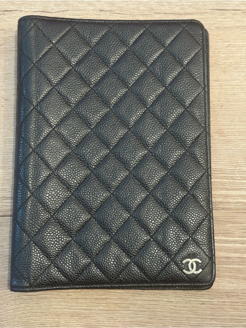 CHANEL Black Quilted Leather Notebook or Passport Cover with Silver CC
